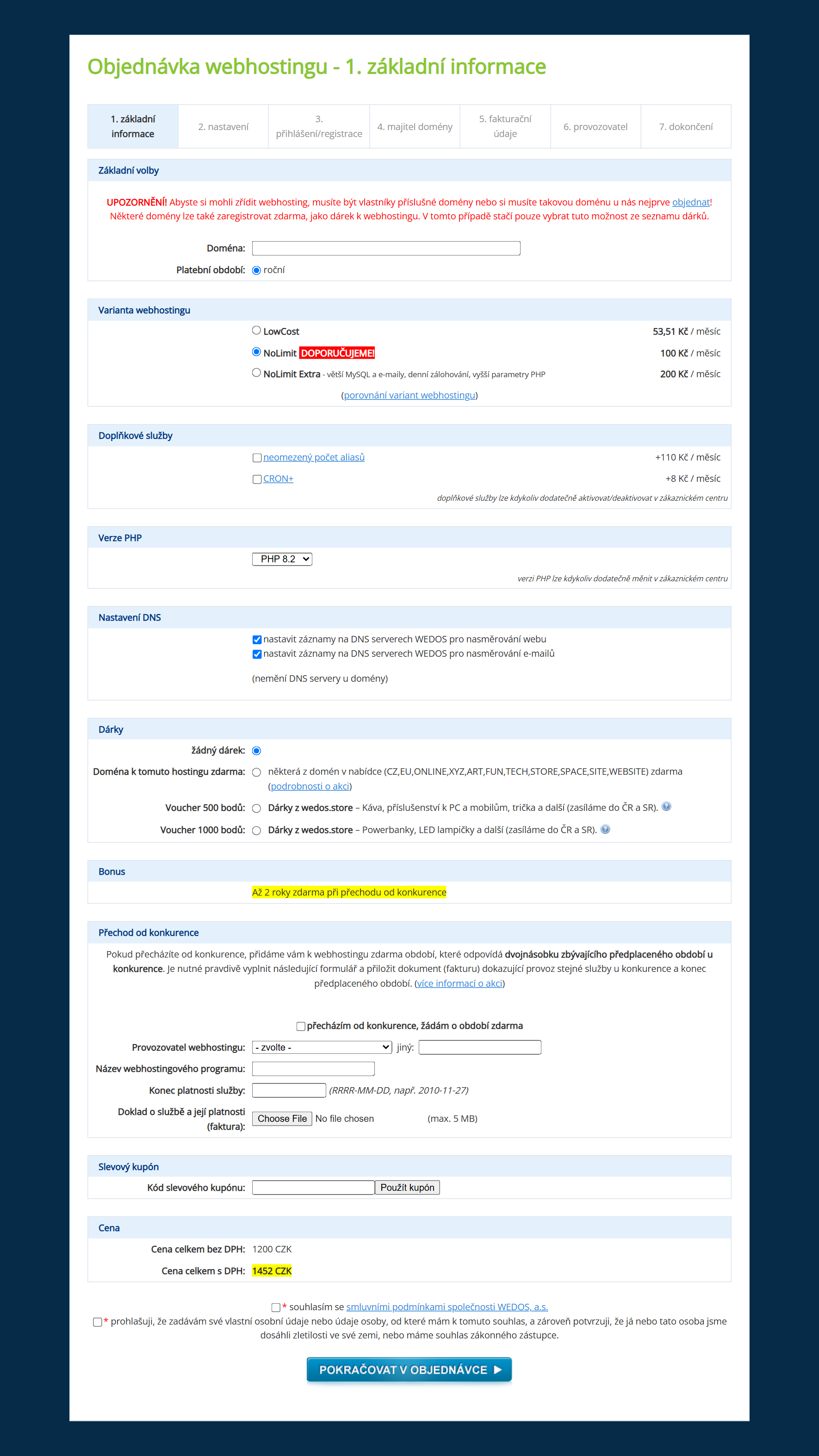 Objednávka webhostingu VEDOS — krok 1: výběr varianty, doplňkové služby, dárky a slevový kupón